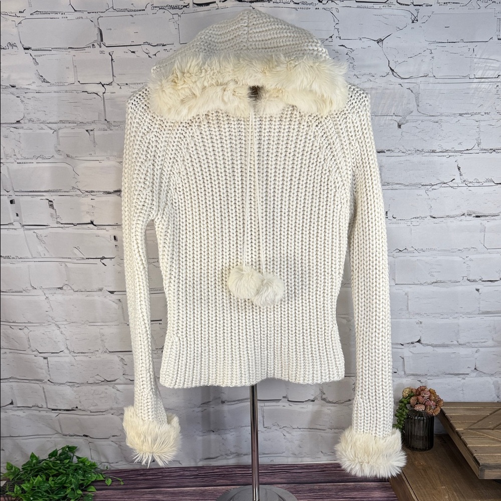 Kenji (Anthropologie) Handknit Cream Hooded Sweater with Real Rabbit Fur Trim